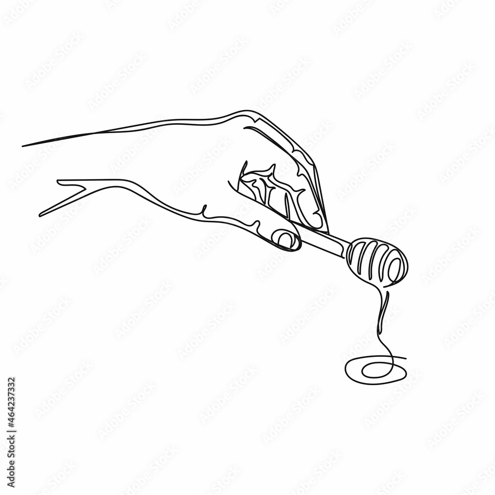 Vector continuous one single line drawing of dipper with honey in hand in silhouette on a white background. Linear stylized. Vector continuous one single line drawing of dipper with honey in hand in silhouette on a white background. Linear stylized.