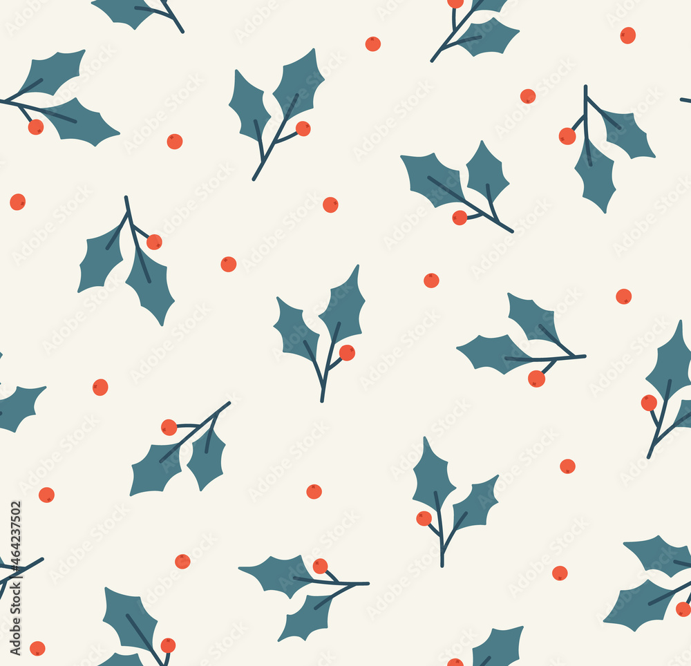 Seamless pattern of holly. Concept of the winter season, holidays, Christmas, New Year. Hand-drawn colorful vector illustration, isolated on beige. Seamless pattern of holly. Concept of the winter season, holidays, Christmas, New Year. Hand-drawn colorful vector illustration, isolated on beige.