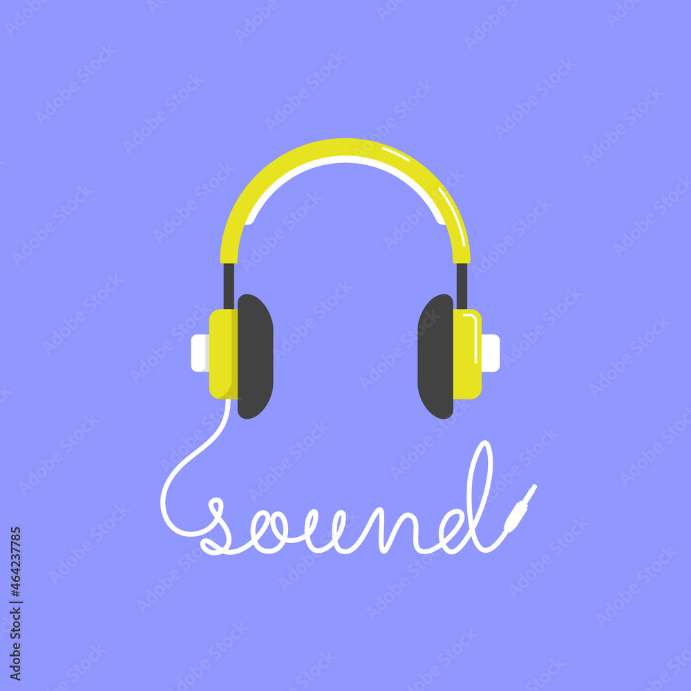 Headphone headset icon in flat design. Headphones cartoon illustration pictogram. Audio gadget business concept splash effect. The word Sound is written by the wire of the audio connector. Headphone headset icon in flat design. Headphones cartoon illustration pictogram. Audio gadget business concept splash effect. The word Sound is written by the wire of the audio connector.