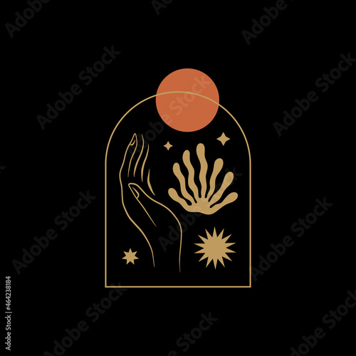 Magical witch hand. Hands holding crescent moon. Boho mystical style.