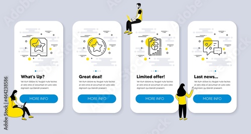 Vector Set of Finance icons related to Loyalty star, Vip ticket and Report icons. UI phone app screens with people. Discounts line symbols. Vector