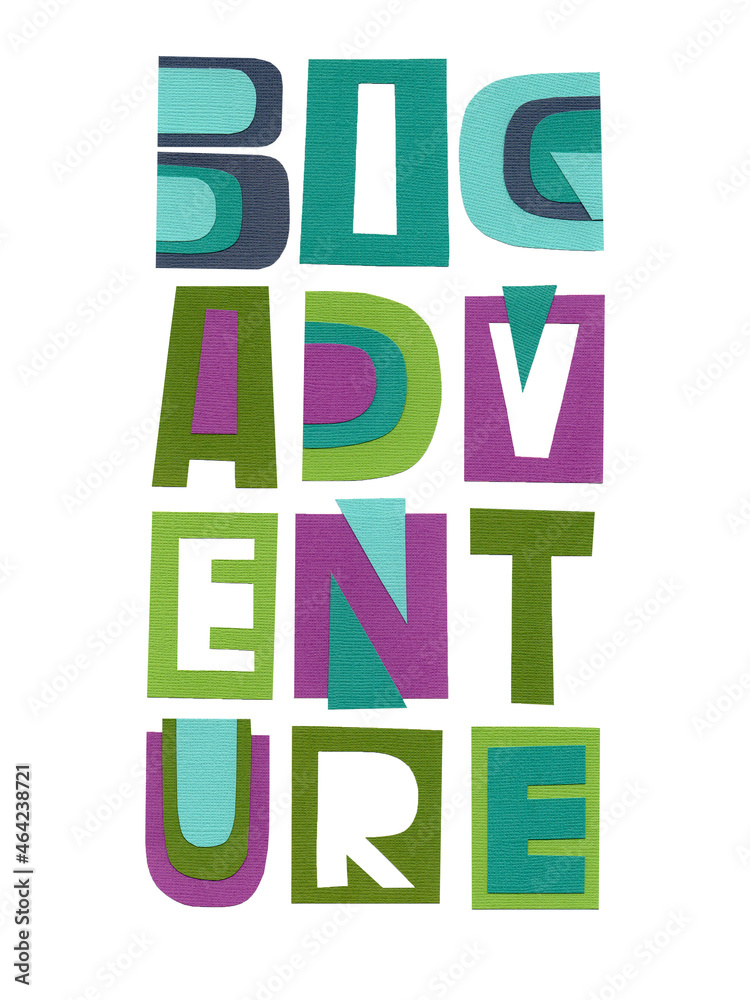 Lettering big adventure. The letters are cut from colored paper and pasted on a white background. Unique handwritten lettering. 