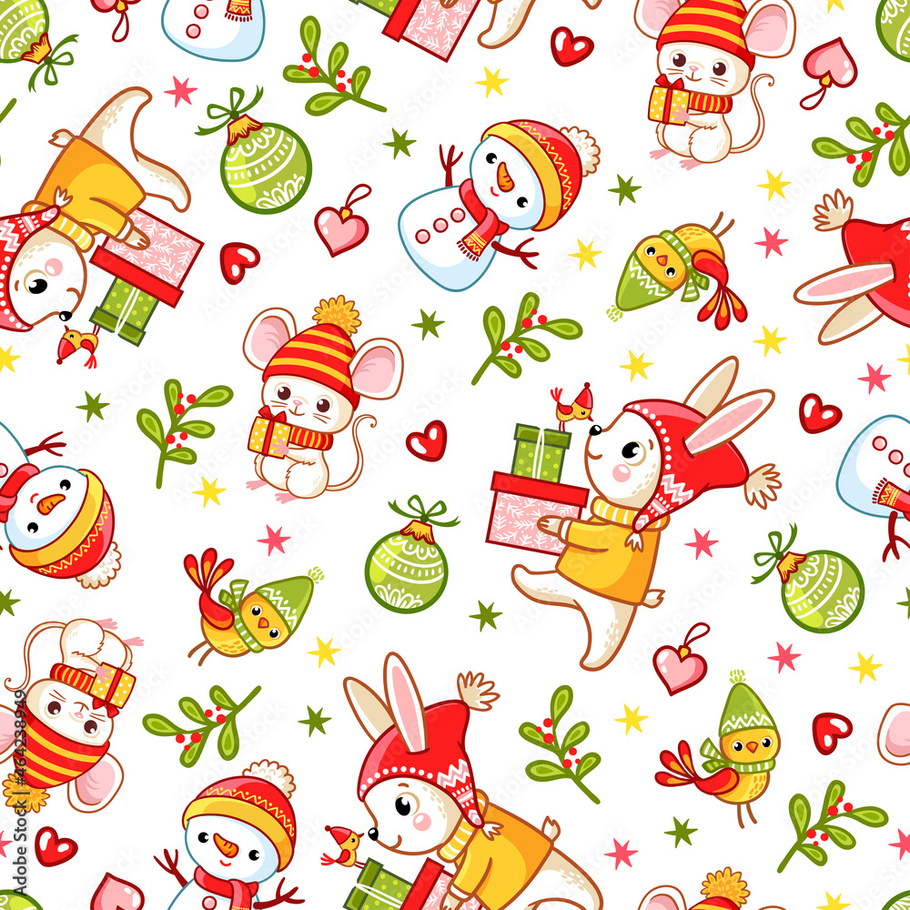 Vector seamless pattern on a Christmas theme with a car deer and mouse on a white background.