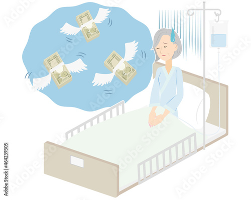 高額な入院費用について考えるベッド上のシニア女性