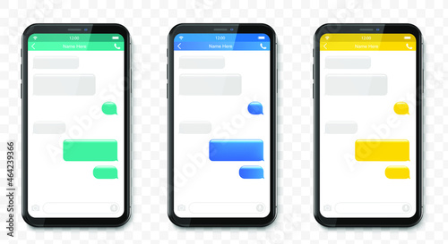 Smartphone set, chatting sms app template bubbles. Place your own text to the message clouds. Social network messenger page template. Chat app template with mobile keyboard. Message Flat Bubbles