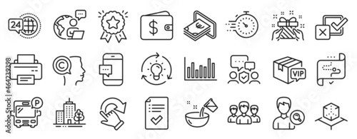 Set of Business icons, such as Ranking star, Cash, Smartphone message icons. Writer, Rotation gesture, Search people signs. Timer, Augmented reality, Bus parking. Bar diagram, Vip parcel. Vector