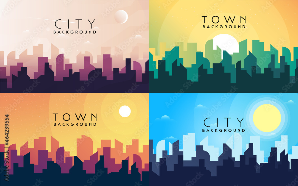 Morning, day city skyline landscape, town buildings in a different time, and urban cityscape town sky. Daytime cityscape. Architecture silhouette downtown. Set of vector backgrounds. Flat design