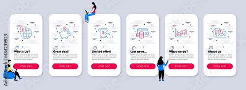 Set of Finance icons, such as Atm service, Saving money, Financial diagram icons. UI phone app screens with teamwork. World money, Accounting report line symbols. Vector