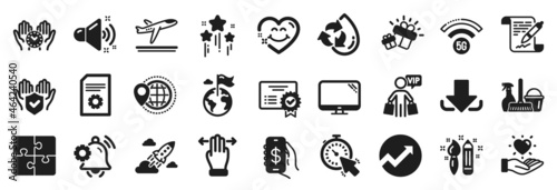 Set of Business icons, such as Money app, Notification bell, Puzzle icons. Multitasking gesture, Agreement document, 5g wifi signs. Vip shopping, Audit, World travel. Insurance hand, Timer. Vector