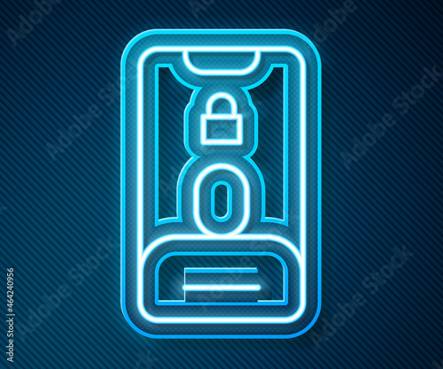 Glowing neon line Incoming call on mobile phone icon isolated on blue background. Friends call. Vector