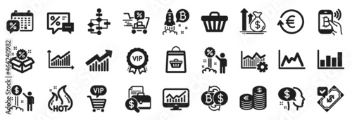 Set of Finance icons, such as Discounts cart, Sale, Shop cart icons. Currency, Discounts calendar, Block diagram signs. Pay, Online buying, Diagram. Bitcoin exchange, Vip shopping, Budget. Vector