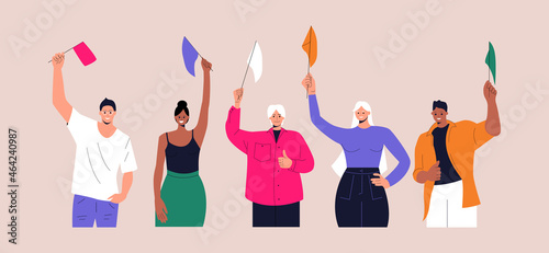 Group of happy young people with flags in their hands. Students are activists and volunteers of different ethnic groups. The concept of voting, training, education. Vector illustration. Eps 10.