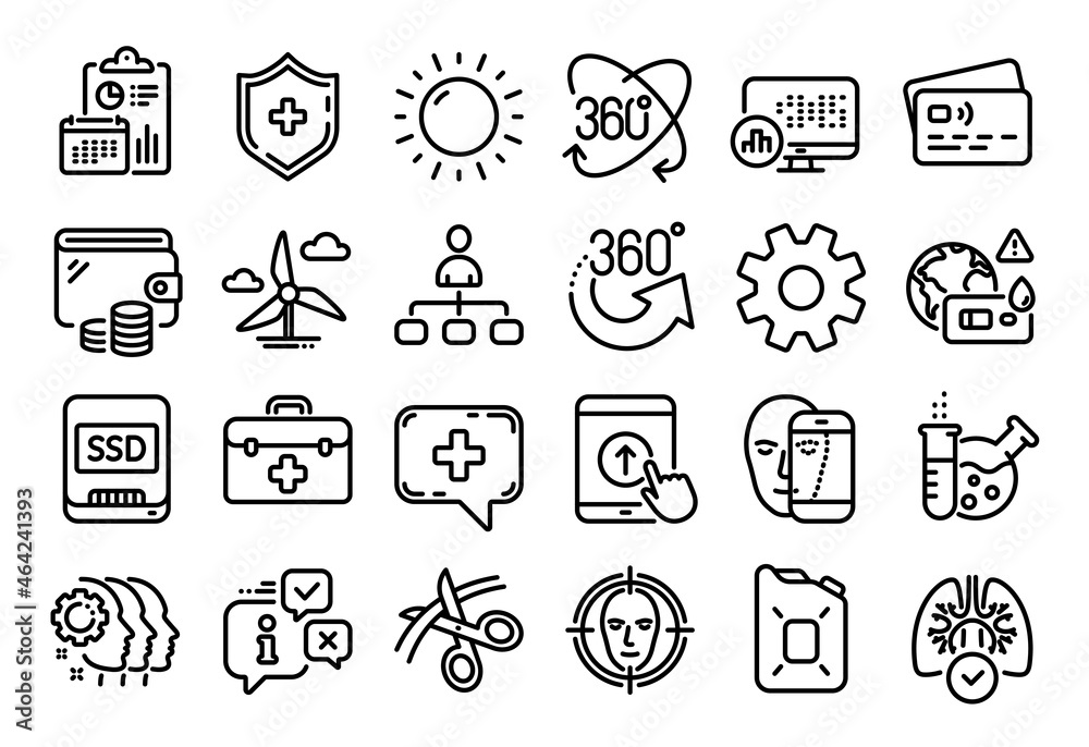Vector set of First aid, Ssd and Lungs line icons set. Calendar report, Money wallet and Credit card tag. Full rotation, Management and Chemistry lab icons. Vector