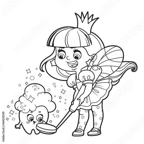 Cute little girl tooth fairy holds a dental mirror and helps the tooth to wash outlned for coloring on white background