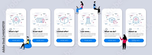 Industrial icons set. UI phone app screens with teamwork. Included icon as House protection, Lighthouse, Hold box signs. Engineering documentation, Parcel, Engineering team line icons. Vector