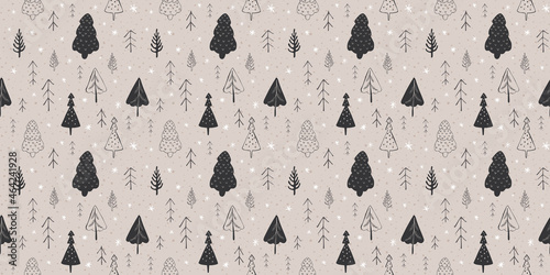 Seamless pattern with trees and snowflakes. Winter and christmas mood, scandinavian minimalism, hand drawn doodle style for web, print, textile, background, wrapping paper, wallpaper. 