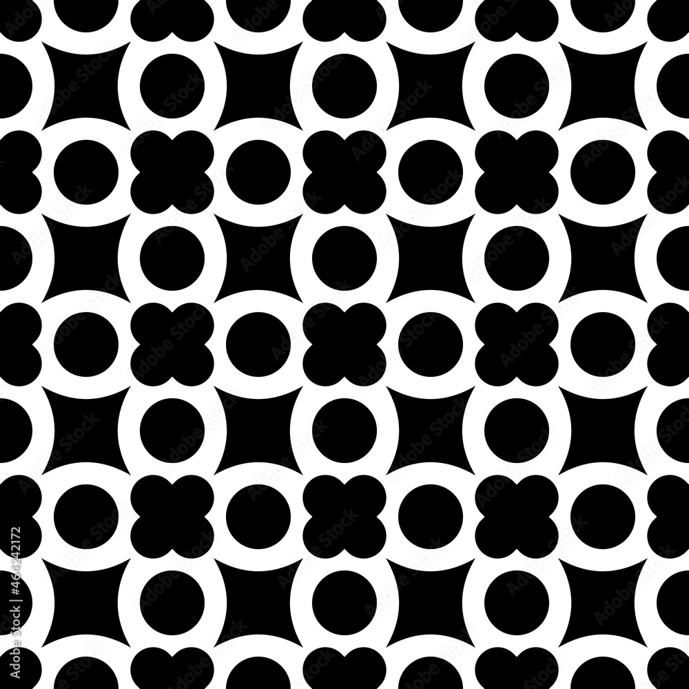 Intricate geometric shapes that make a pattern out of black shapes. Vector with seamless repetition of simple shapes such as quatrefoil and rhombus. Intricate geometric shapes that make a pattern out of black shapes. Vector with seamless repetition of simple shapes such as quatrefoil and rhombus.