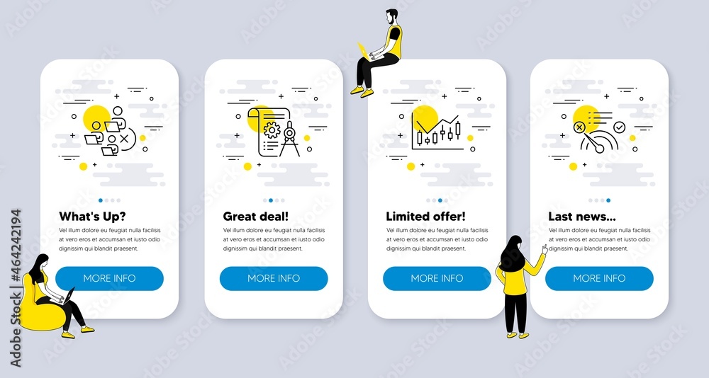 Vector Set of Business icons related to Financial diagram, Divider document and Remove team icons. UI phone app screens with people. No internet line symbols. Vector