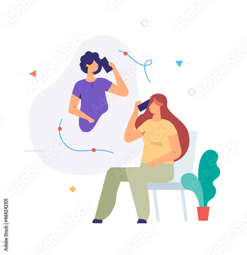 girl talking on the phone with her friend, home, care, rest, leisure set of icons, illustration. Smartphones tablets user interface social media.Flat illustration Icons infographics. Landing page site