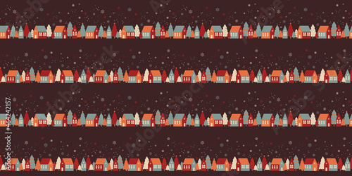 Seamless pattern with cute houses in snowy forest. Simple scandinavian style background with christmass mood for web, print, background, wallpaper, scrapbooking, wrapping paper, textile 