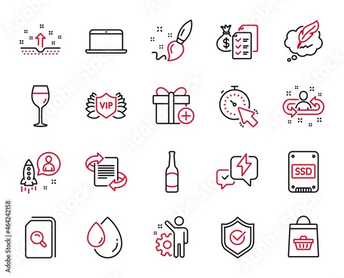 Vector Set of line icons related to Accounting wealth, Employee and Copyright chat icons. Clean skin, Marketing and Add gift signs. Recruitment, Wine glass and Vip security. Ssd, Laptop. Vector
