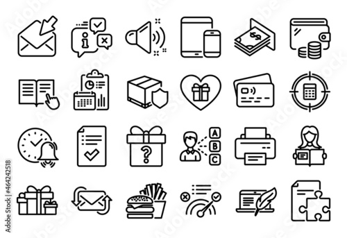 Vector set of Calculator target, Read instruction and Correct answer line icons set. Calendar report, Money wallet and Credit card tag. Loud sound, Strategy and Romantic gift icons. Vector