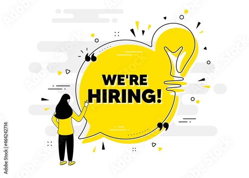 We are hiring text. Idea chat bubble banner with person. Recruitment agency sign. Hire employees symbol. Hiring chat message lightbulb. Idea light bulb people background. Vector