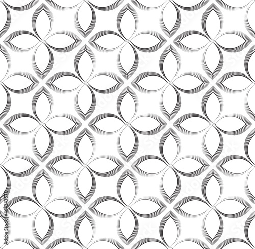 Simple vector seamless pattern of intertwined crosses drawn with thin black lines.Simple monochrome vector seamless pattern of corners or stylized leaves.Simple linear texture.