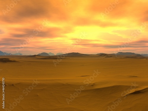 Amazing 3d illustration of the sunset in the desert