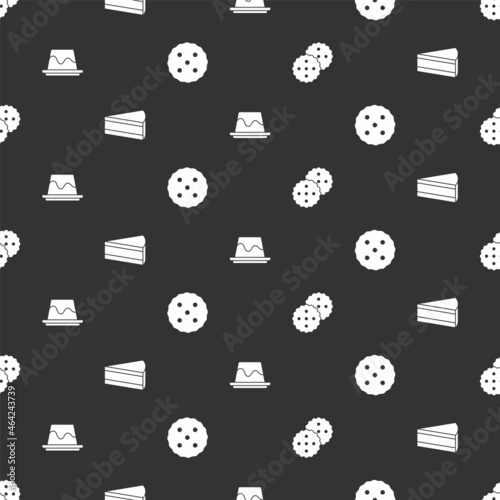 Set Cookie or biscuit, Piece of cake, Pudding custard and on seamless pattern. Vector