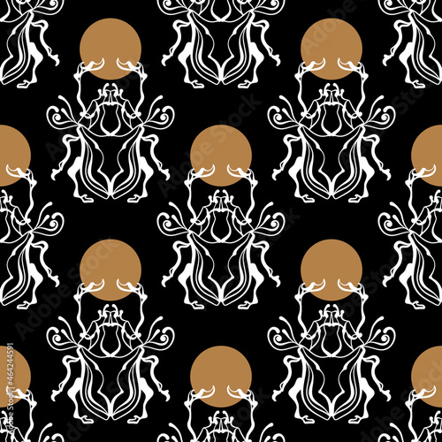 Magic Scarab beetle insect seamless pattern. Modern witchcraft mystic logo. Mystical magical astrology moon symbol. Flat line ornate art.