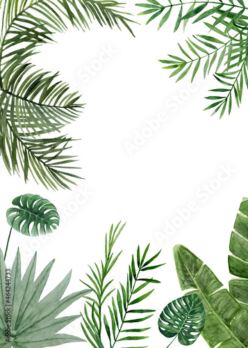 Fototapeta Naklejka Na Ścianę i Meble -  Tropical leaves card template. Green palm jungle florals. Watercolor free-hand illustration for card, wedding invitation, banner, event flyer, poster, presentation, menu, lifestyle