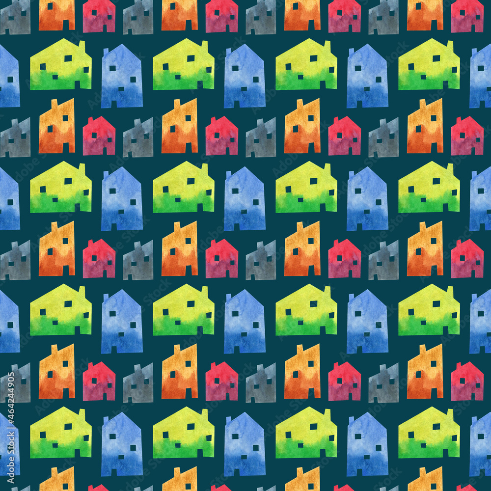 Fototapeta premium Watercolor houses. Seamless pattern, texture, background. City, architecture, building. Simple Scandinavian style.