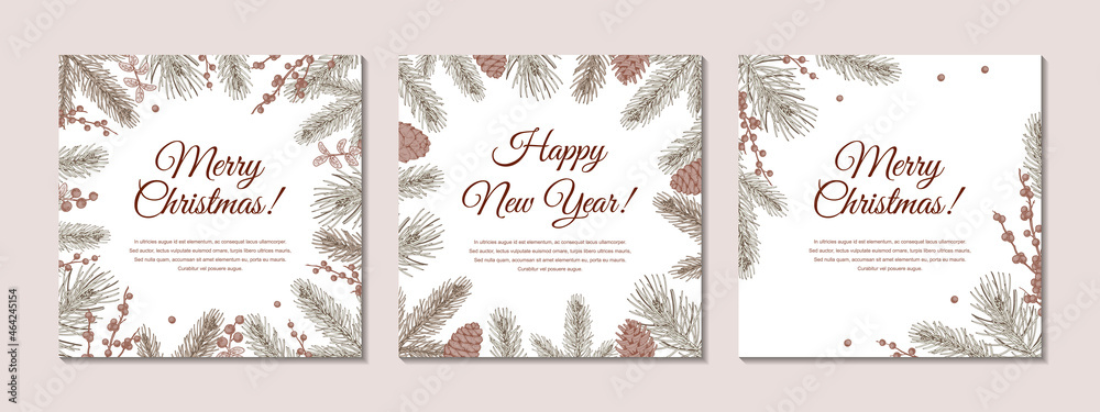 Set of hand drawn Merry Christmas and Happy New Year greeting cards with Christmas tree branches and holly berries. Vintage vector illustration Set of hand drawn Merry Christmas and Happy New Year greeting cards with Christmas tree branches and holly berries. Vintage vector illustration