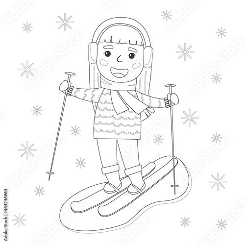 A girl is skiing. Coloring book for kids. Vector illustration.