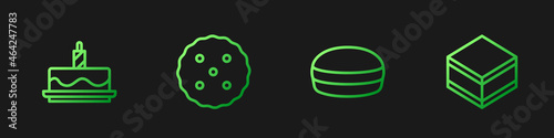 Set line Macaron cookie, Cake with burning candles, Cookie or biscuit and Brownie chocolate cake. Gradient color icons. Vector