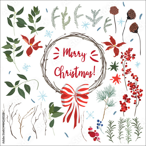 Christmas design elements with a wreath of twigs and a bow, red berries, dried lotus. Branches of spruce, yew, pine, rosemary, laurel with leaves, snowflakes, cones, flowers, stars. Ideal for design