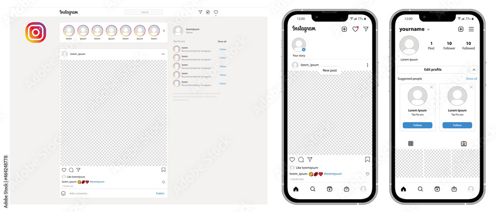 Instagram social network, Web page and phone page template, Vector
