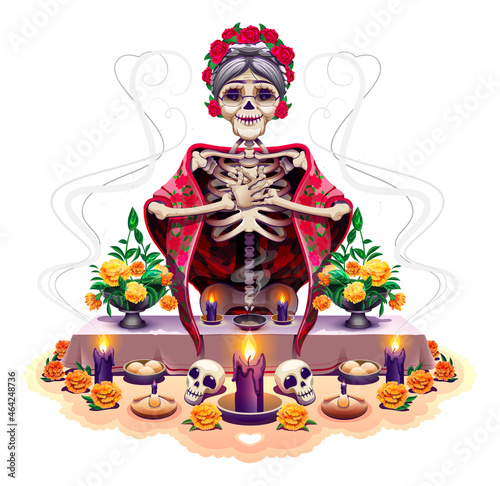 Day of Dead template greeting card. Dia de los muertos mexican holiday skeleton old grandmother woman