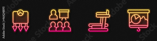 Set line Treadmill machine, Weight loss, Training, presentation and Chalkboard with chart. Glowing neon icon. Vector
