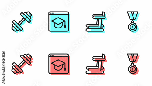 Set line Treadmill machine, Dumbbell, Online education and Medal icon. Vector