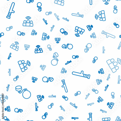 Set line Ball on chain, Police rubber baton and Spy, agent on seamless pattern. Vector