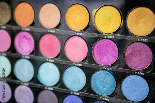 Colorful eyeshadow pallet for make up in cosmetic store - close up view. Makeup, beauty, fashion and glamour concept