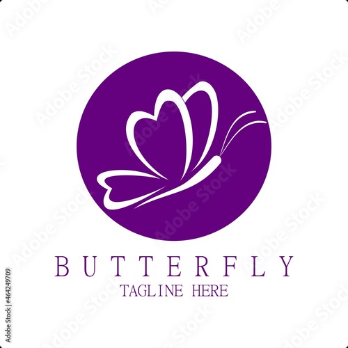 Vector illustration of simple and beautiful butterfly logo in pink or purple color. Love heart abstract