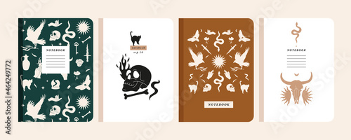 Vector illustartion templates cover pages for notebooks, planners, brochures, books, catalogs. Backgrounds with bohemian elements- evil eye, snake, moon, bird ornament and different hand gestures.