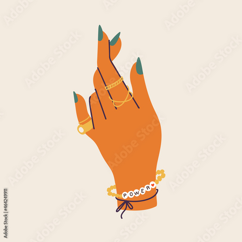 Vector illustration female manicured hands with different modern jewelry and accessories. Fashion and beauty concept.