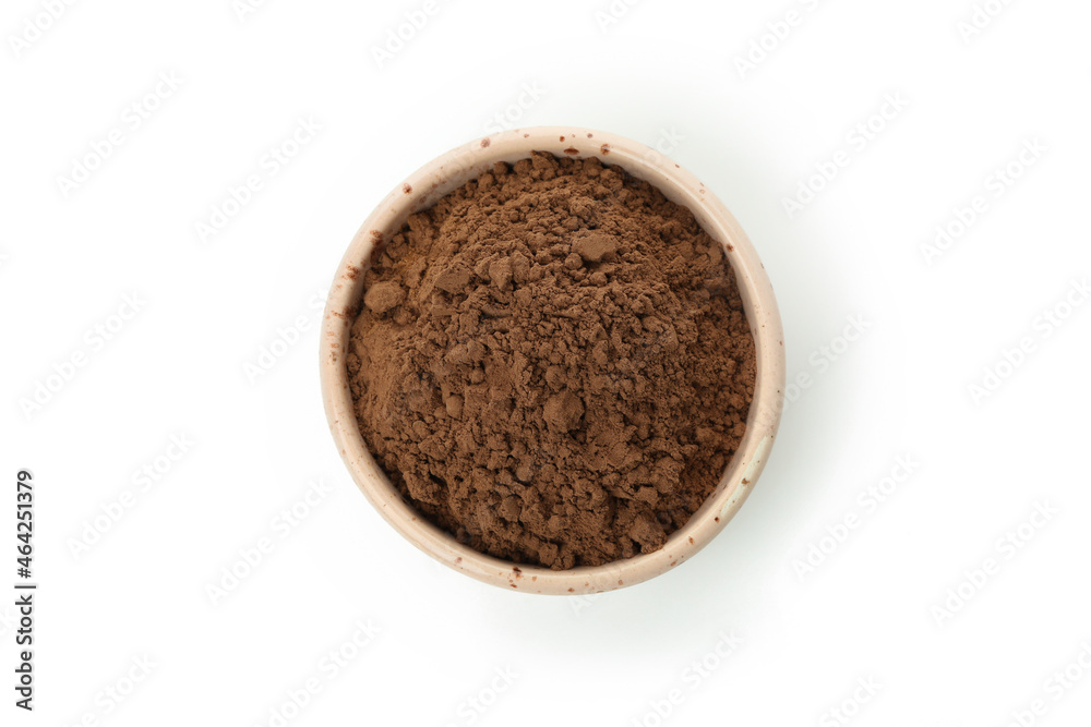 Cocoa powder in bowl isolated on white background Cocoa powder in bowl isolated on white background
