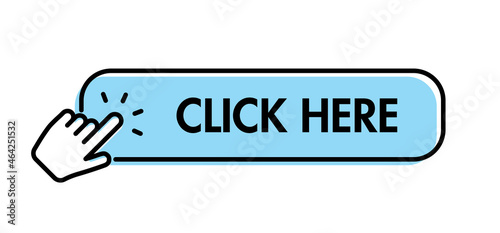Click here button with hand pointer clicking. Web call to action with arrow pointer.