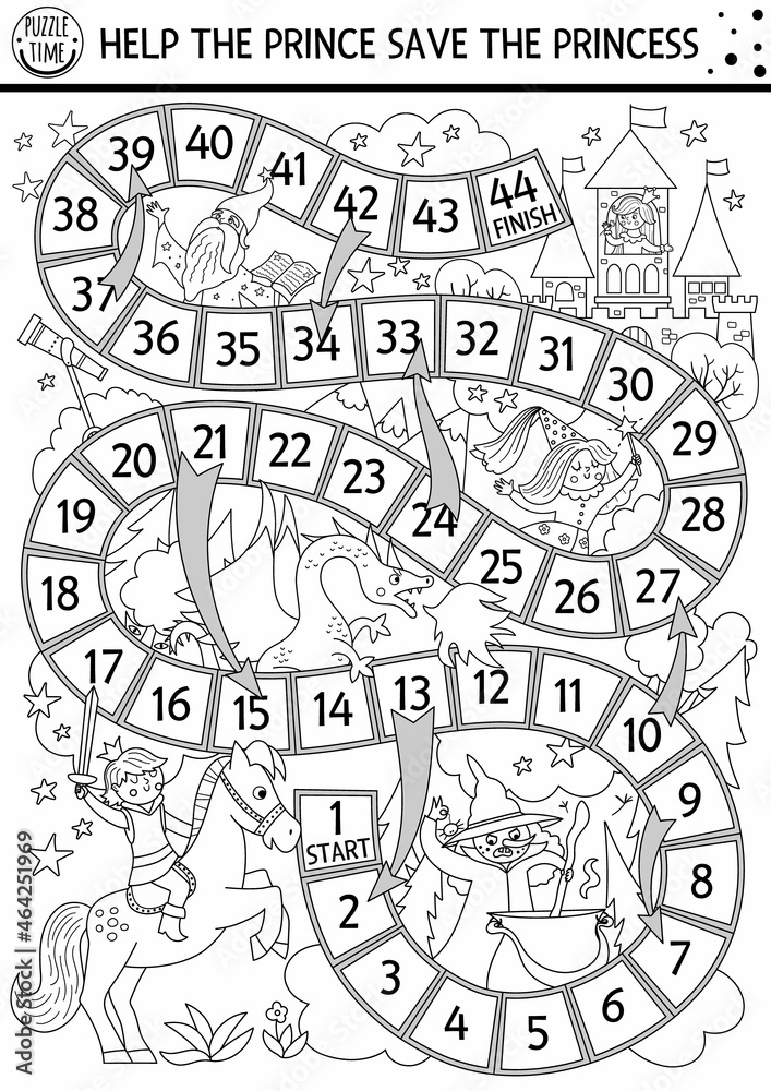 Fairytale lack and white dice coloring board game with castle. Magic kingdom line boardgame.  Fairy tale activity, printable worksheet for kids. Help the prince save the princess.
