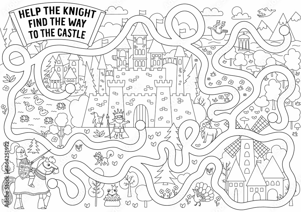 Black and white fairytale maze for kids with medieval village landscape. Magic kingdom preschool printable activity or coloring page with knight, castle. Fairy tale labyrinth game or puzzle.